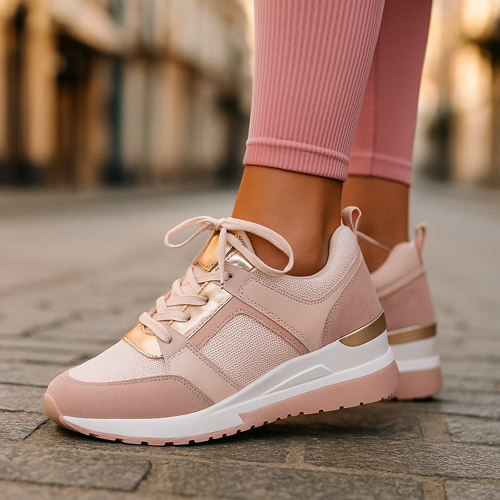 Blush pink lift sneakers with perforated side panels, gold trim, and lace-up