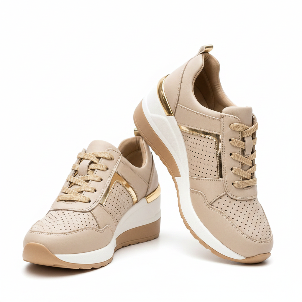 Beige lift sneakers with perforated panels, gold side accents, and lace-up closure