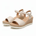 Beige platform wedge sandal with ankle strap and open toe