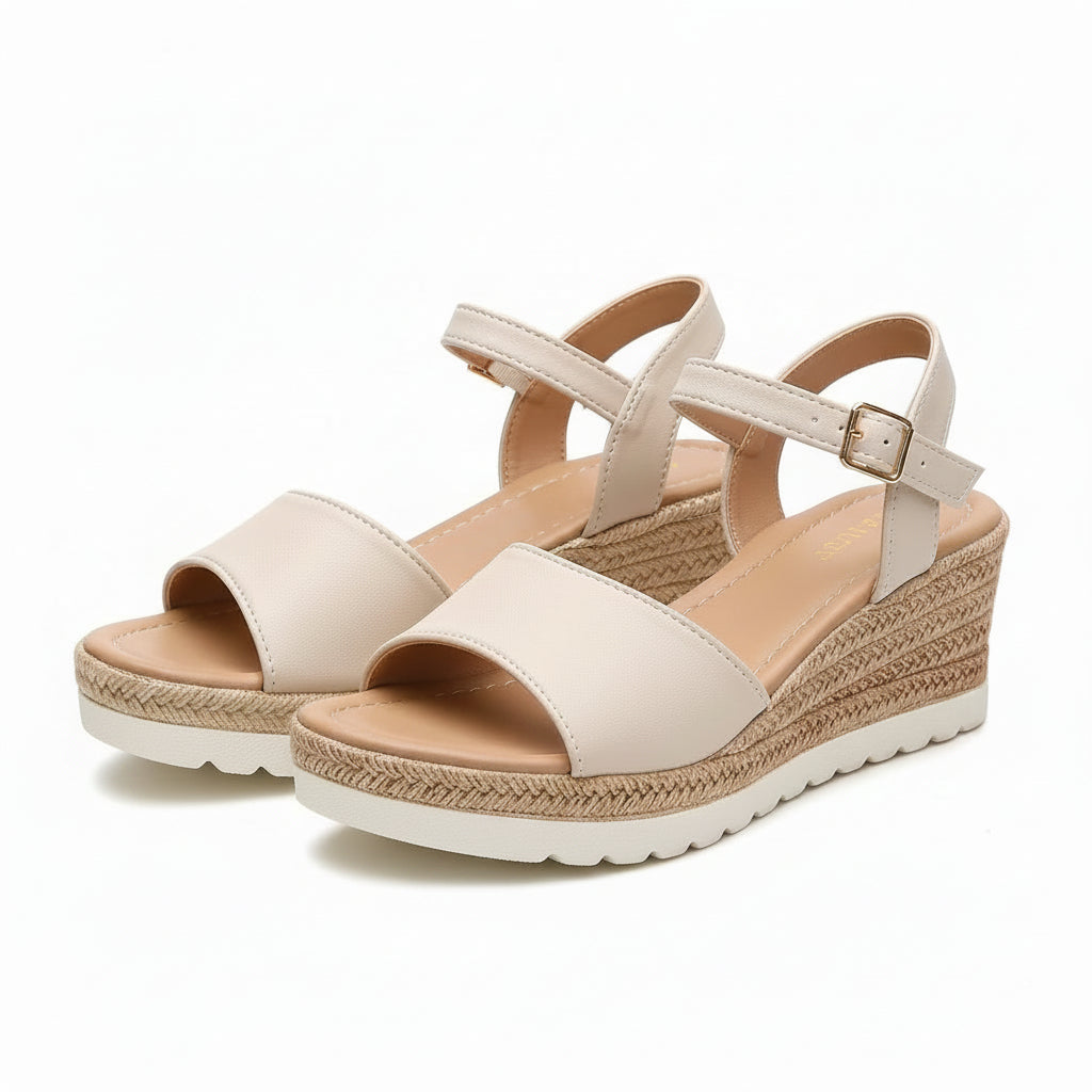 Beige platform wedge sandal with ankle strap and open toe