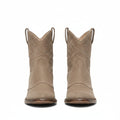 Brown suede cowboy ankle boots with pointed toe, stacked block heel, side pull tabs.