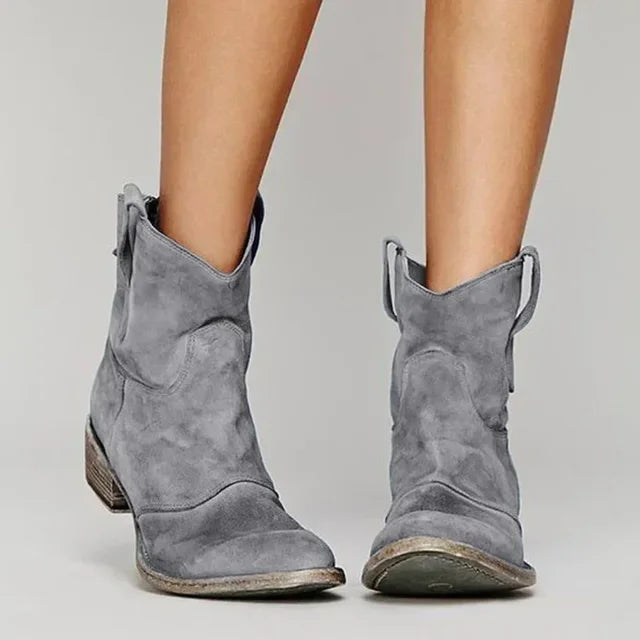 Gray suede cowboy ankle boots with pointed toe, stacked block heel, side pull tabs.