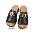 Black open-toe orthopedic sandal with double gold-tone buckle and cushioned sole