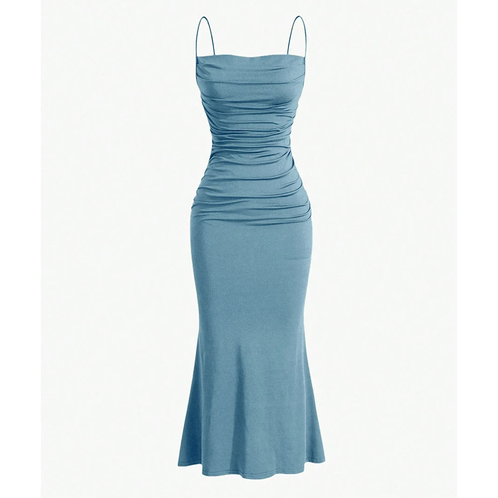 Teal blue ruched spaghetti-strap maxi dress with fitted bodice and flared mermaid hem