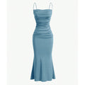 Teal blue ruched spaghetti-strap maxi dress with fitted bodice and flared mermaid hem