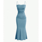 Teal blue ruched spaghetti-strap maxi dress with fitted bodice and flared mermaid hem