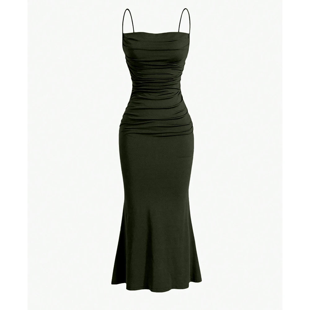 Dark green maxi dress with spaghetti straps, ruched fitted bodice and mermaid hem