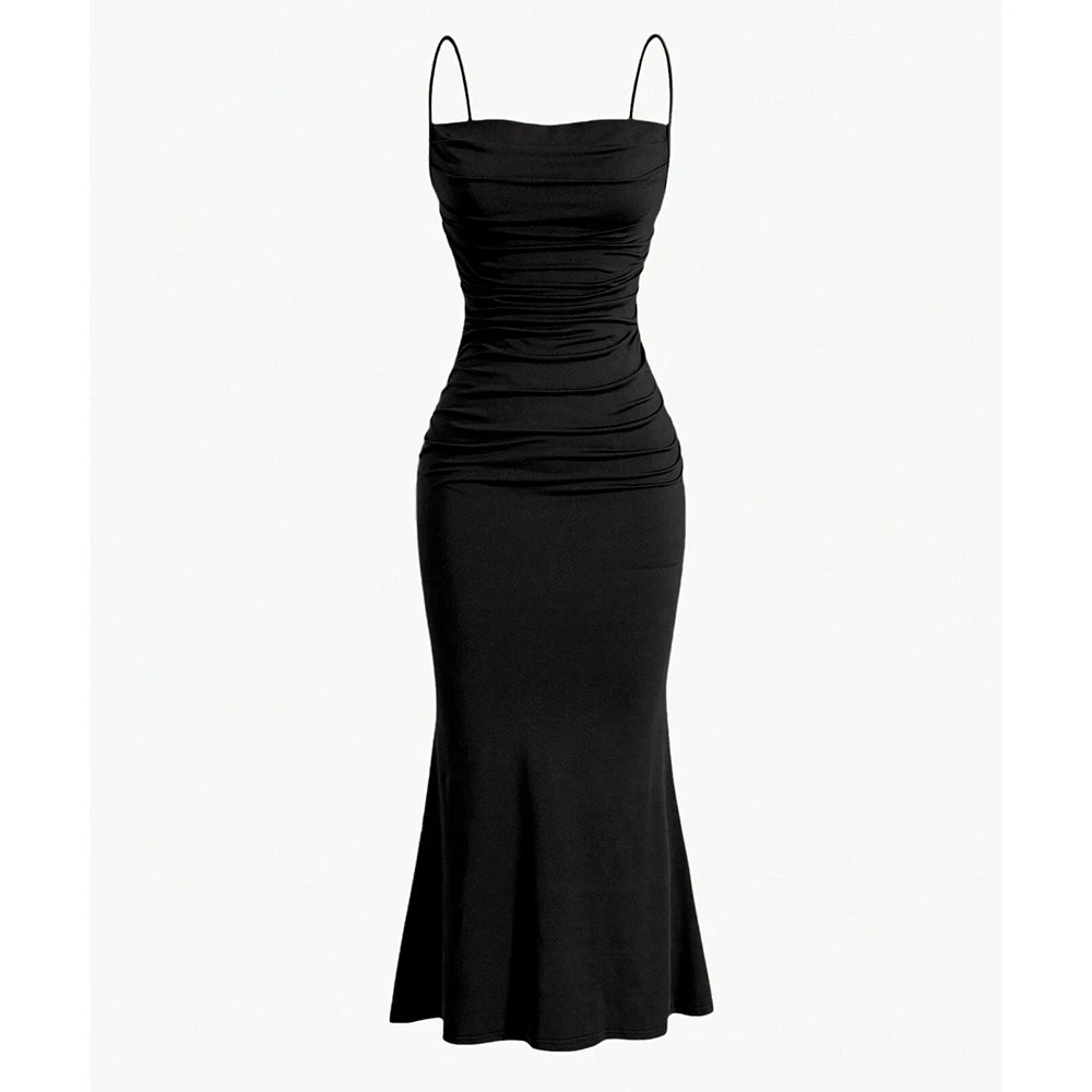 Black maxi dress with spaghetti straps, ruched bodice and flared mermaid hem