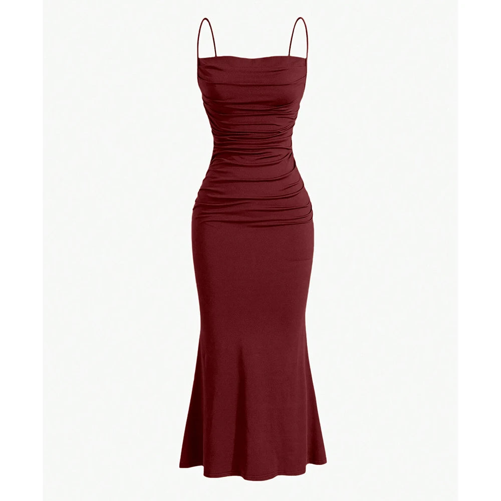 Dark red maxi dress with spaghetti straps, ruched fitted bodice and flared hem