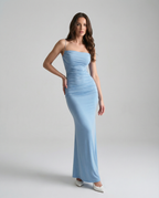 Light blue ruched spaghetti-strap maxi dress, fitted silhouette and long mermaid skirt