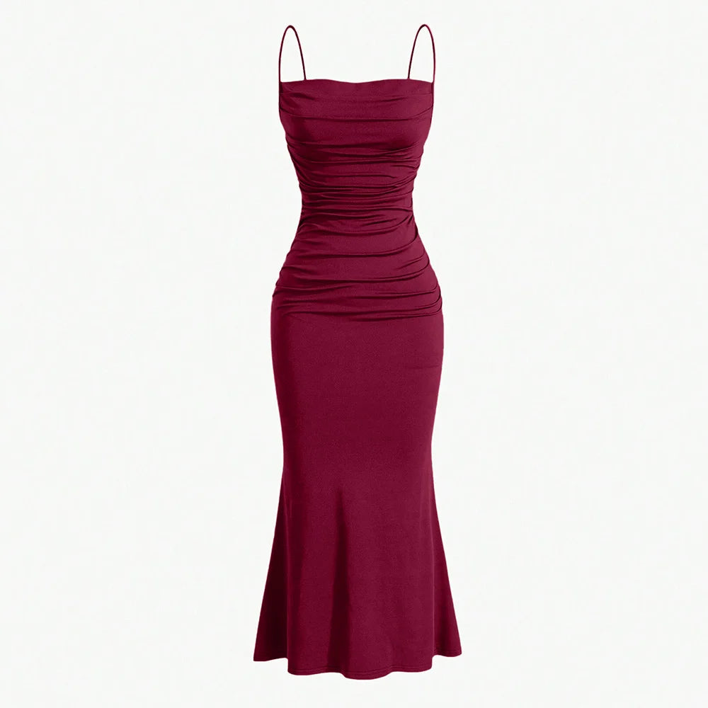 Dark red ruched spaghetti-strap maxi dress with fitted bodice and flared mermaid hem