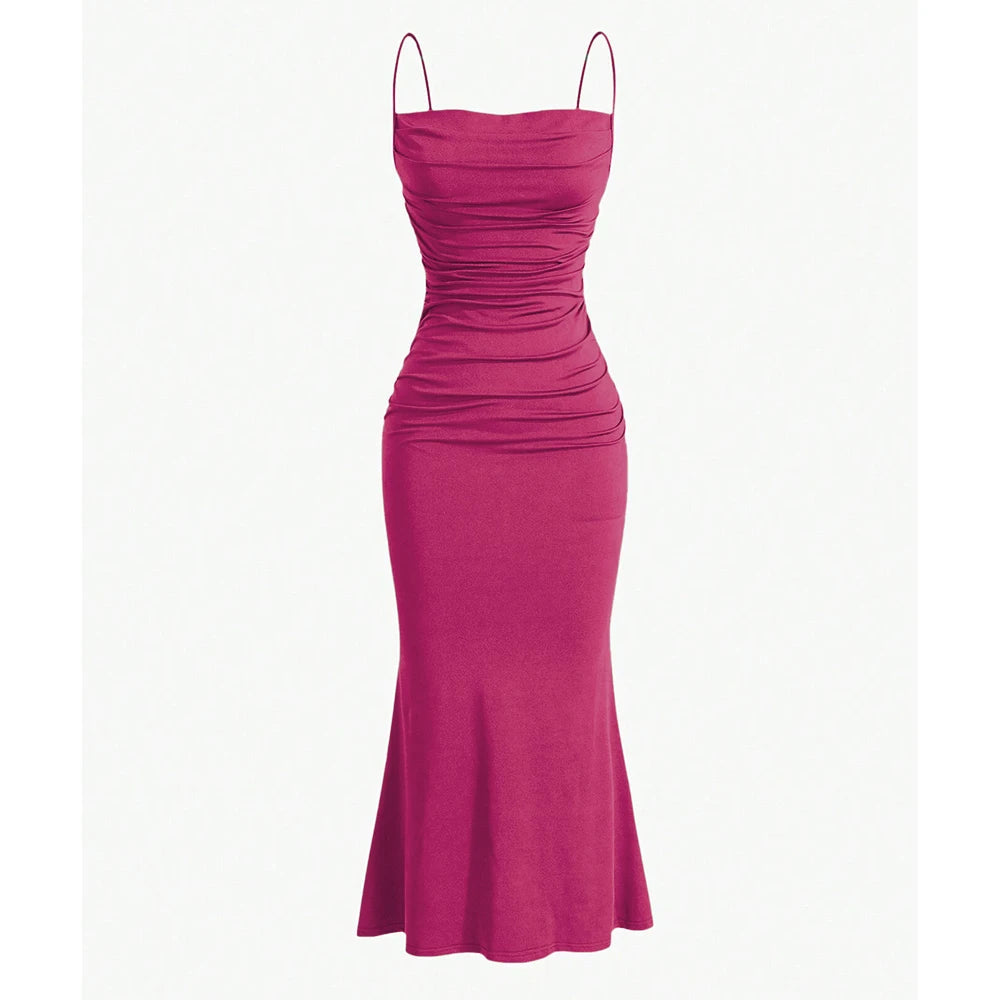 Magenta ruched spaghetti-strap maxi dress with fitted bodice and flared mermaid hem