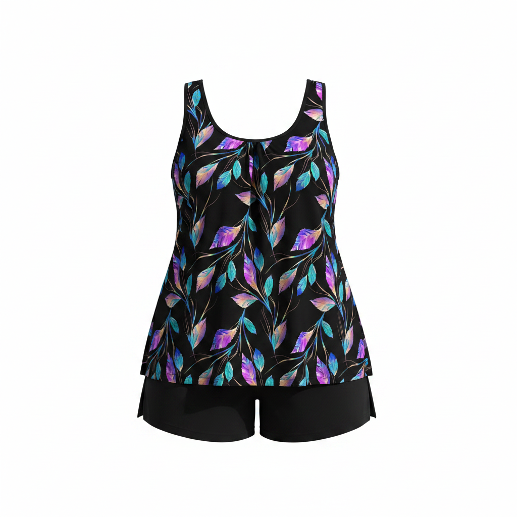 Plus size swim set in black with colorful leaf tank and black relaxed-fit swim shorts