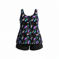 Plus size swim set in black with colorful leaf tank and black relaxed-fit swim shorts