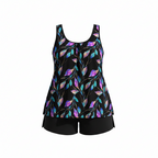 Plus size swim set in black with colorful leaf tank and black relaxed-fit swim shorts