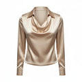 Beige satin blouse with draped V neckline, pointed collar, long sleeves