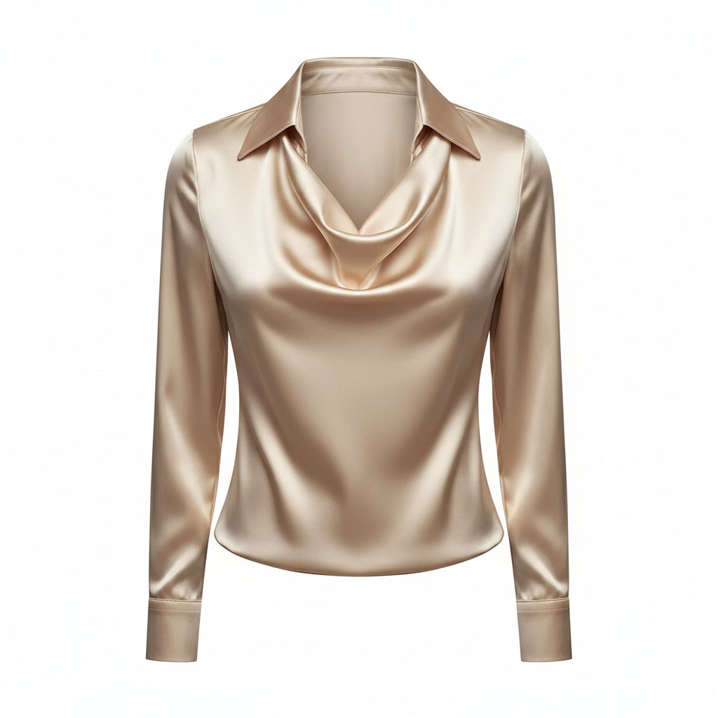 Beige satin blouse with draped V neckline, pointed collar, long sleeves