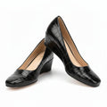 Orthopedic flats, glossy black croc-embossed leather look with rhinestone ankle chain