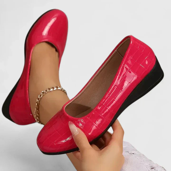Orthopedic flats, bright red patent croc-embossed style with rhinestone ankle chain