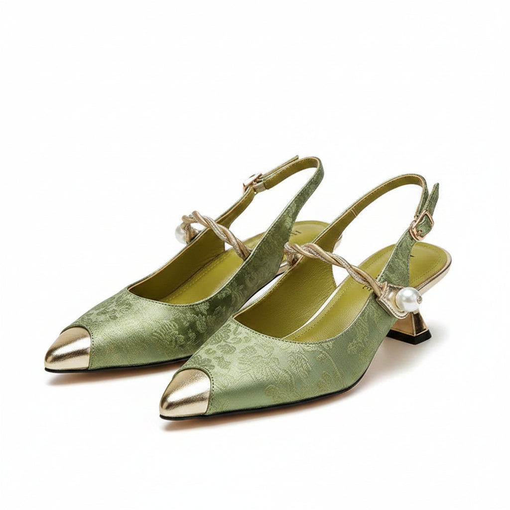 Green elegant pumps with ankle strap and small pearl embellishment, mid heel