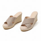 Orthopedic wedge sandals, khaki fabric two-strap with gold ring ankle detail