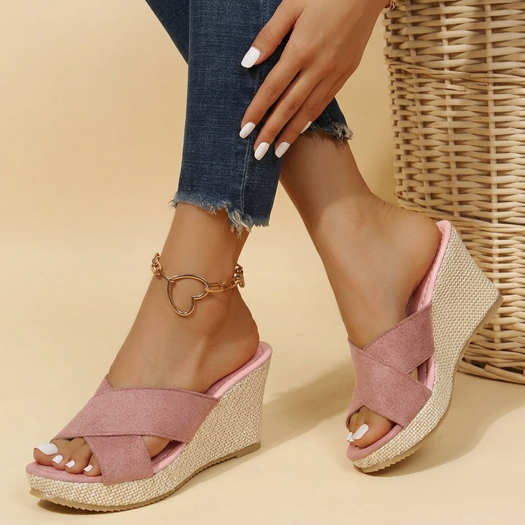 Orthopedic wedge sandals, pink fabric two-strap with gold ring ankle detail