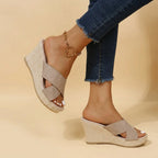 Orthopedic wedge sandals, khaki side view, two-strap with gold ring ankle detail
