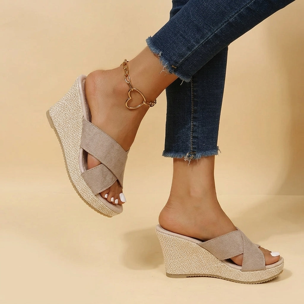 Orthopedic wedge sandals, khaki side view, two-strap with gold ring ankle detail