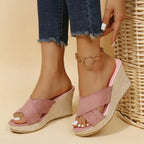 Orthopedic wedge sandals, pink side view, two-strap with gold ring ankle detail