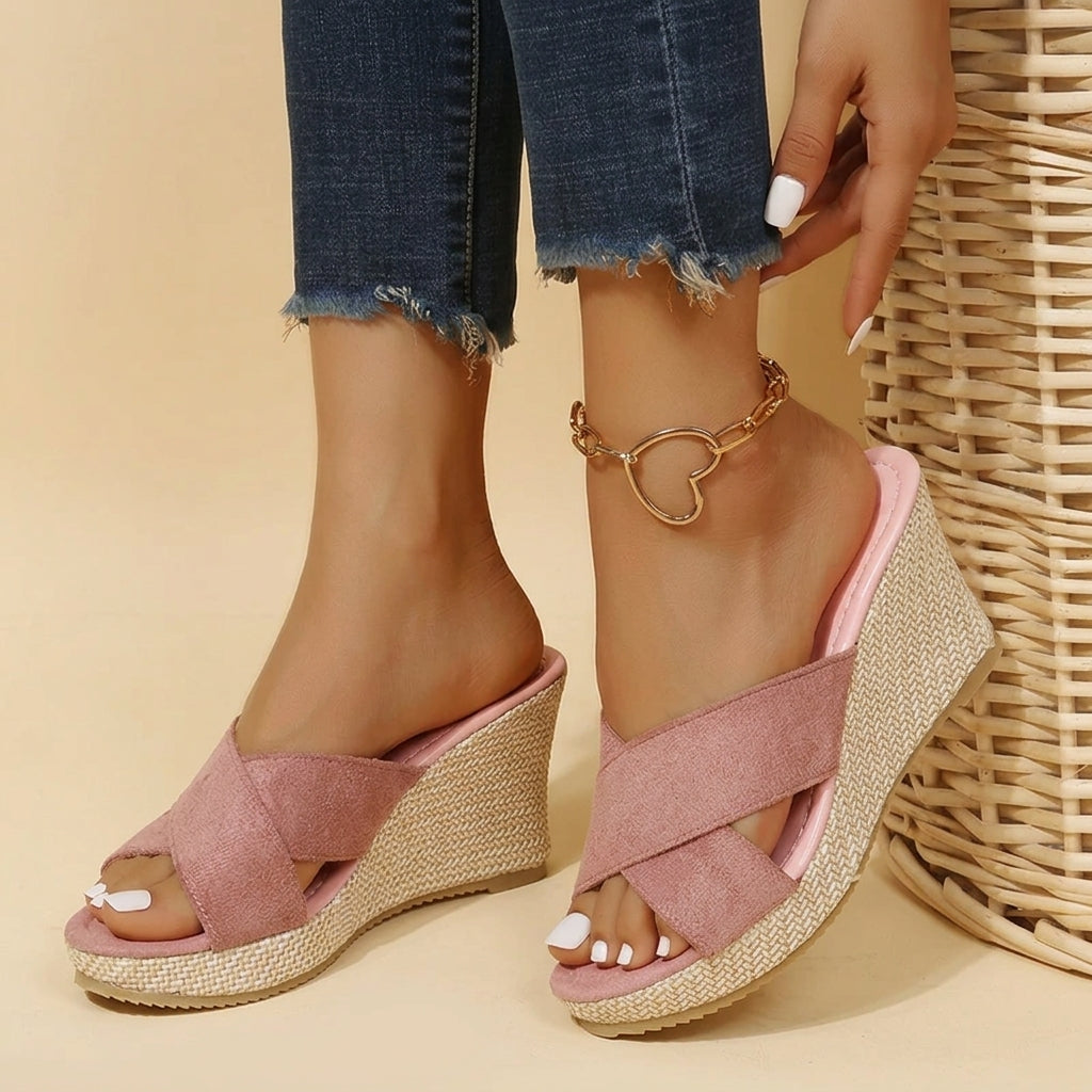 Orthopedic wedge sandals, pink side view, two-strap with gold ring ankle detail