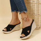 Orthopedic wedge sandals, black side view, two-strap with gold ring ankle detail