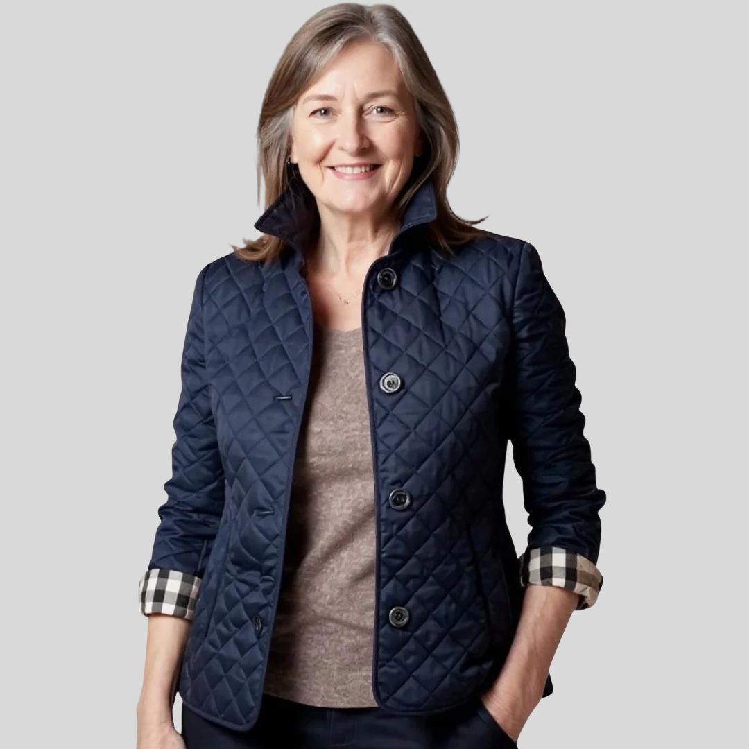 Women's quilted jacket with lapel collar, navy blue, button-front and patch pockets