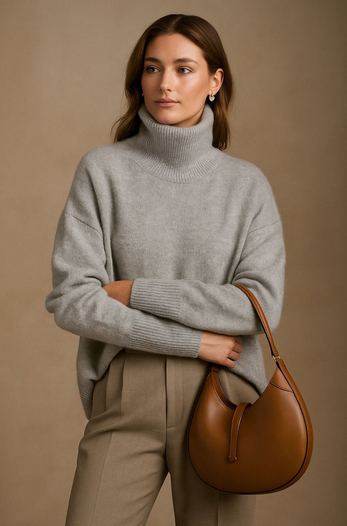 Women’s gray cashmere turtleneck sweater with ribbed collar and cuffs