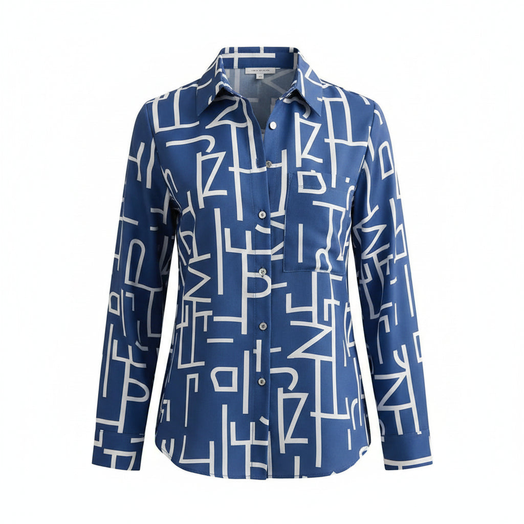 Blue-and-white geometric print collared button-up blouse with rolled sleeves