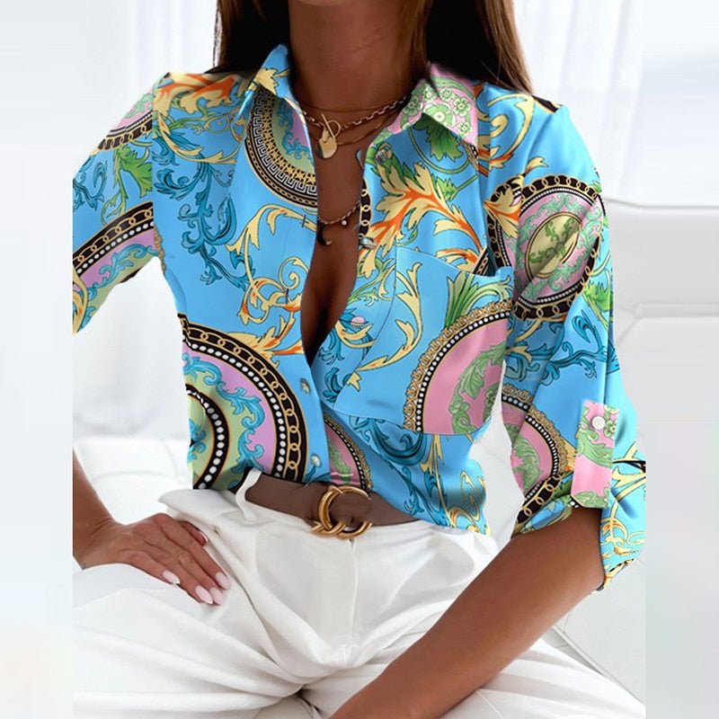 Turquoise baroque-style print collared button-up blouse with rolled sleeves