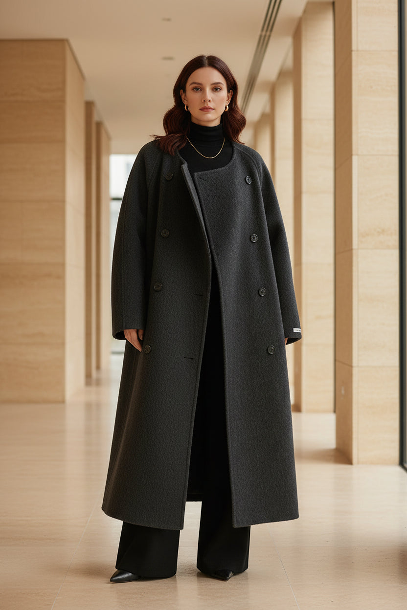 Black cocoon funnel-neck wool coat with wrap front and side buttons