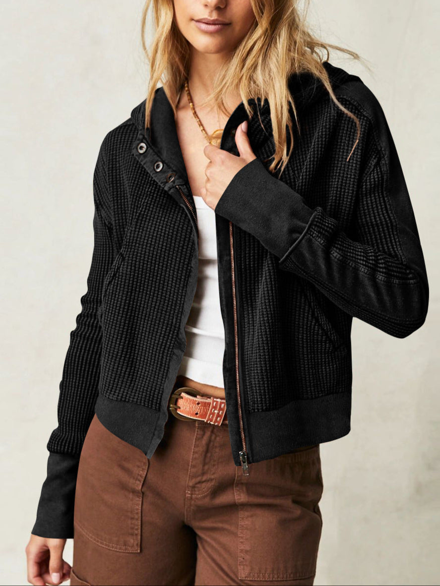 Black waffle-knit zip hoodie with hood and snap-button placket