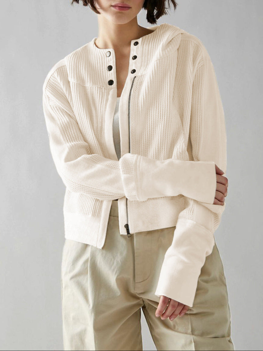Cream waffle-knit zip hoodie with hood and snap-button placket