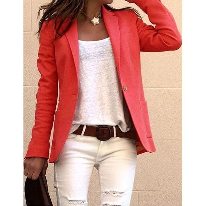 Orange women's woven blazer with notch lapels and one-button front, long sleeves