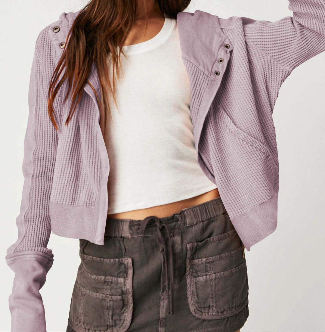 Lavender waffle-knit zip hoodie with hood and snap-button placket