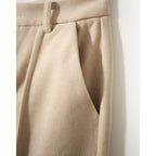 Khaki high-waisted wool-blend trousers with pleats, belt loops, and button closure