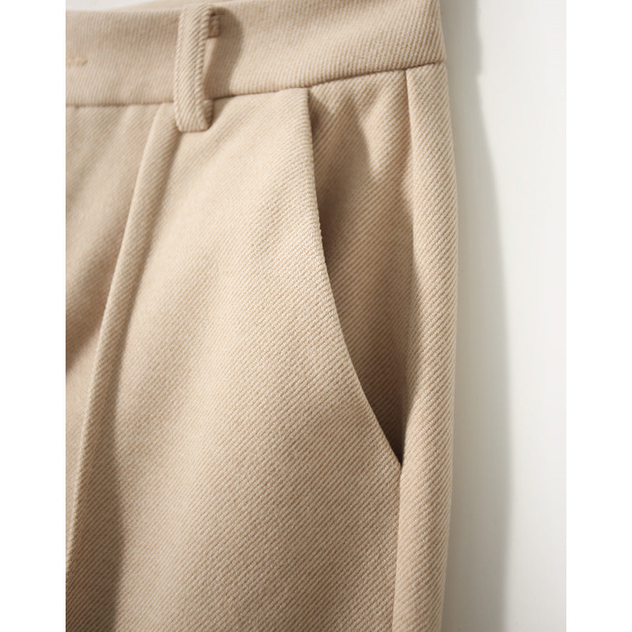 Khaki high-waisted wool-blend trousers with pleats, belt loops, and button closure
