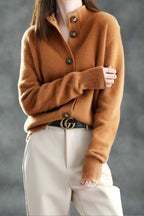 Burnt orange merino wool blend button cardigan sweater with ribbed collar and cuffs
