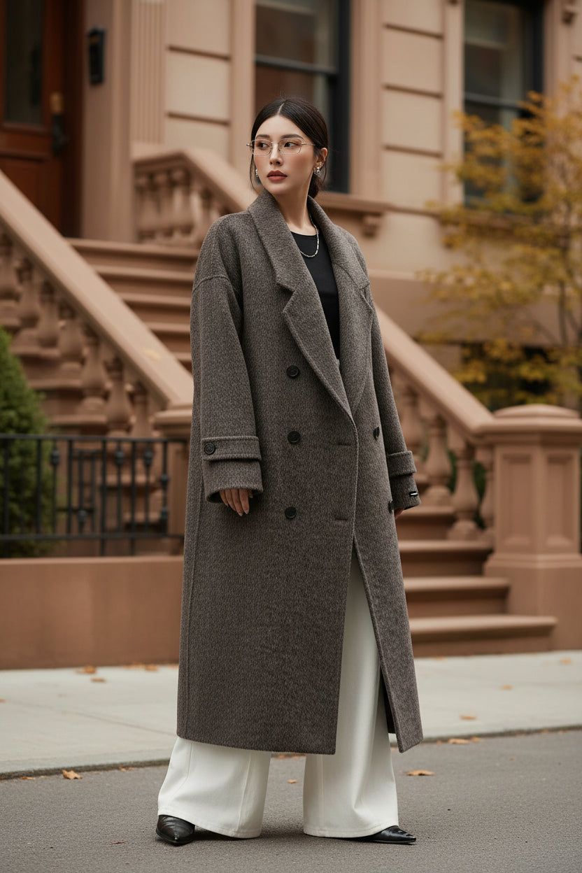 Long dark gray double-breasted wool coat with notch lapels and button front