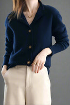 Navy merino wool blend button cardigan sweater with front button placket