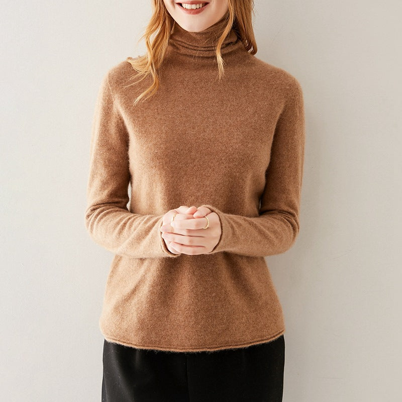 Women's slim-fit turtleneck knit sweater in camel-brown with long sleeves