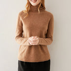 Women's slim-fit turtleneck knit sweater in camel-brown with long sleeves