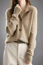 Camel merino wool blend button cardigan sweater with ribbed cuffs and hem