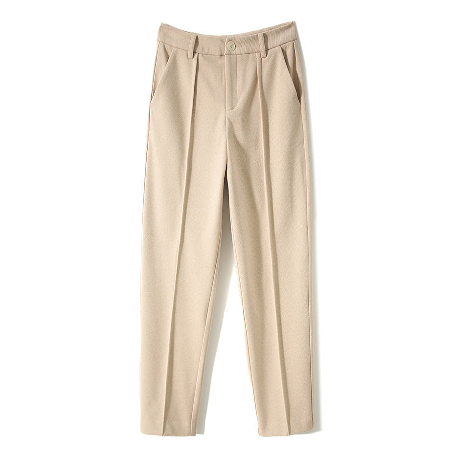 Women’s high-waisted tapered wool-blend trousers, khaki with front button and pleats