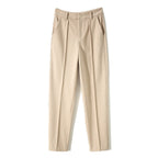 Women’s high-waisted tapered wool-blend trousers, khaki with front button and pleats